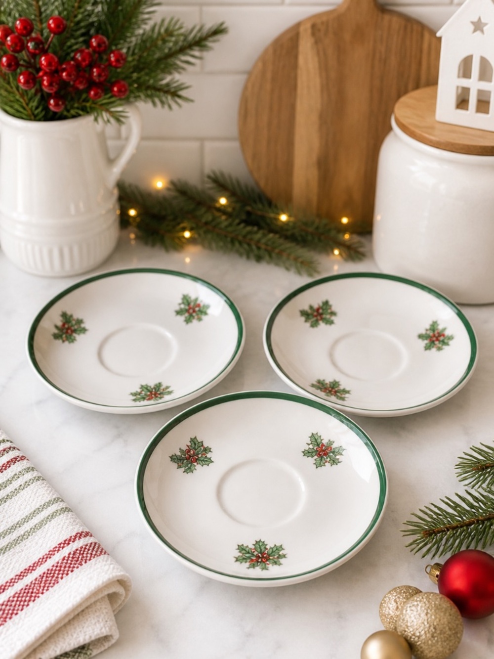 VTG JOHNSON BROS SET 3 VICTORIAN CHRISTMAS HOLLY BELLS FOOTED SAUCERS